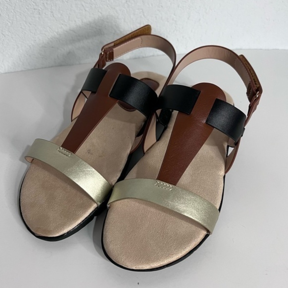Angel Steps Double Band T Strap Black Brown Gold Sandals New Size 9.5